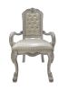 Set of Two Tufted White Upholstered Faux Leather And Wood Dining Arm Chairs
