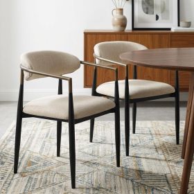 Set of Two Beige And Black Upholstered Fabric Open Back Dining Arm Chairs
