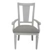 Set of Two Light Gray and White Upholstered Linen And Solid Wood Open Back Dining Arm Chairs