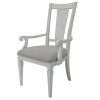 Set of Two Light Gray and White Upholstered Linen And Solid Wood Open Back Dining Arm Chairs