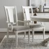 Set of Two Light Gray and White Upholstered Linen And Solid Wood Open Back Dining Arm Chairs