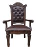 Set of Two Tufted Brown and Redwood Upholstered Faux Leather And Solid Wood Dining Arm Chairs
