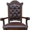Set of Two Tufted Brown and Redwood Upholstered Faux Leather And Solid Wood Dining Arm Chairs