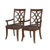 Set of Two Brown Upholstered Microfiber And Solid Wood Open Back Dining Arm Chairs
