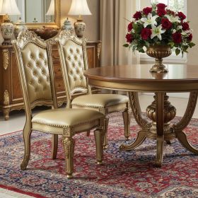 Set of Two Tufted Bone and Brass Upholstered Faux Leather And Wood Dining Side Chairs