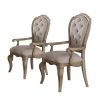 Set of Two Tufted Beige and Taupe Upholstered Fabric And Solid Wood Dining Arm Chairs