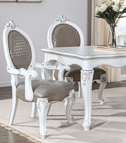 Set of Two Gray and White Upholstered Faux Leather And Solid Wood King Louis Back Dining Arm Chairs