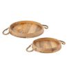 Set of Two Brown Round Solid Wood Serving Trays With Handles