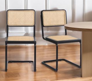 Set of Two Black and Natural Steel Open Back Dining Side Chairs