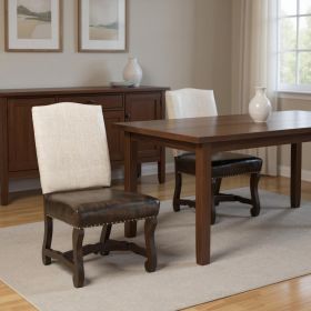 Set of Two Cream and Dark Brown Wood Leather And Linen Dining Side Chairs