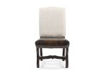 Set of Two Cream and Dark Brown Wood Leather And Linen Dining Side Chairs