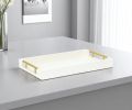 16" Ivory And Gold Geometric Print Handmade Serving Tray With Handles
