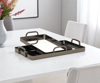 Set of Two Pewter Aluminum And Mirrored Glass Handmade Serving Trays