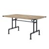 64" Oak and Black Wood and Iron Trestle Base Dining Table