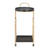 17" Black And Brass Steel and Solid Wood Distressed Round Rolling Bar Cart