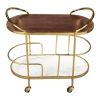 32" Brown Gold And White Iron Solid Wood and Marble Oval Rolling Bar Cart