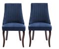 Set of Two Blue And Brown Linen And Solid Wood Dining Side Chairs