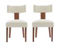 Set of Two Beige And White And Brown Linen And Solid Wood Wing Back Dining Side Chairs