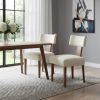 Set of Two Beige And White And Brown Linen And Solid Wood Wing Back Dining Side Chairs