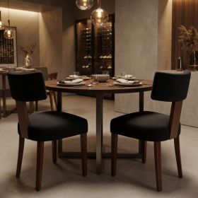 Set of Two Black And Brown Linen And Solid Wood Dining Side Chairs