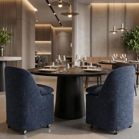Set of Two Blue Chenille Wing Back Dining Chairs With Wheels