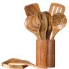 Set of Nine Natural Solid Wood Cooking Utensils With Crock
