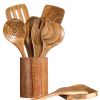 Set of Nine Natural Solid Wood Cooking Utensils With Crock