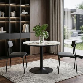 36" Gray And Black Faux Marble And Steel Pedestal Base Round Top Dining Table