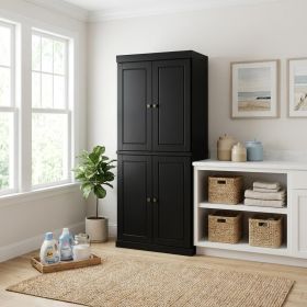 72" Black Solid Wood Four Door Two Drawer Pantry Or Storage Closet
