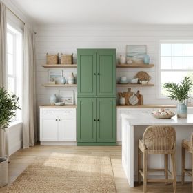 72" Green Solid Wood Four Door Two Drawer Pantry Or Storage Closet