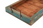 21" Natural And Turquoise Solid Wood Handmade Serving Tray With Handles