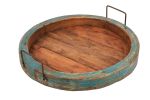 15" Natural And Turquoise Solid Wood Handmade Round Serving Tray With Handles