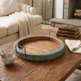 15" Natural And Turquoise Solid Wood Handmade Round Serving Tray With Handles