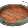 15" Natural And Turquoise Solid Wood Handmade Round Serving Tray With Handles