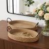 Set of Two Natural and Black Jute Metal And Solid Wood Oval Serving Trays With Handles