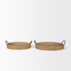 Set of Two Natural and Black Jute Metal And Solid Wood Oval Serving Trays With Handles