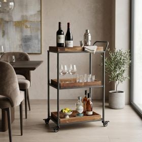 28" Silver Metal and Solid Wood Distressed Rolling Bar Cart