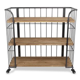 32" Brown Metal and Solid Wood Distressed Rolling Bar Cart