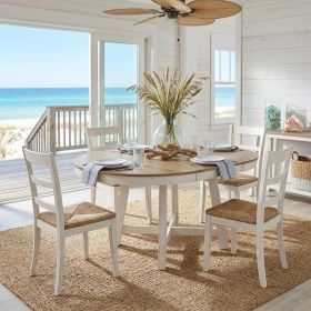 58" Oak And Antiqued White Wood Removable Leaf Cross Leg Base Oval Extendable Dining Table