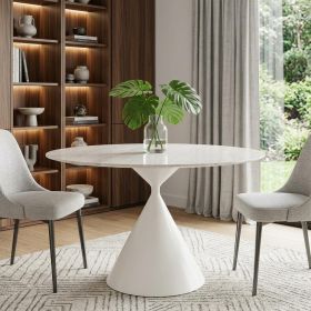 44" Beige And White Sintered Stone And Steel Pedestal Base Round Top Dining Table
