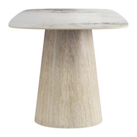 71" White And Natural Sintered Stone And Wood Pedestal Base Dining Table
