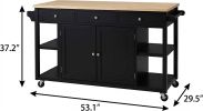 53" Brown and Black Wood Flat Door Rolling Kitchen Cart With Storage