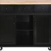 53" Brown and Black Wood Flat Door Rolling Kitchen Cart With Storage