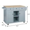 53" Brown and Blue Wood Flat Door Rolling Kitchen Cart With Storage