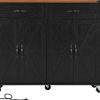 54" Brown and Black Wood Flat Door Rolling Kitchen Cart With USB