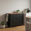 54" Brown and Black Wood Flat Door Rolling Kitchen Cart With USB