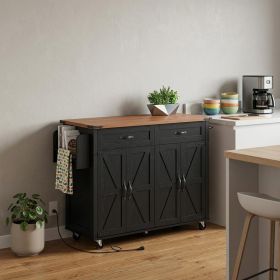 54" Brown and Black Wood Flat Door Rolling Kitchen Cart With USB