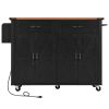 54" Brown and Black Wood Flat Door Rolling Kitchen Cart With USB