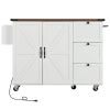 55" Brown and White Wood Flat Door Rolling Kitchen Cart With Storage With USB
