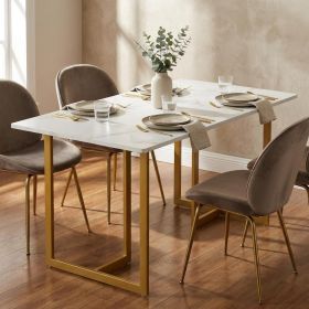 55" White And Gold Faux Marble And Iron Sled Base Dining Table